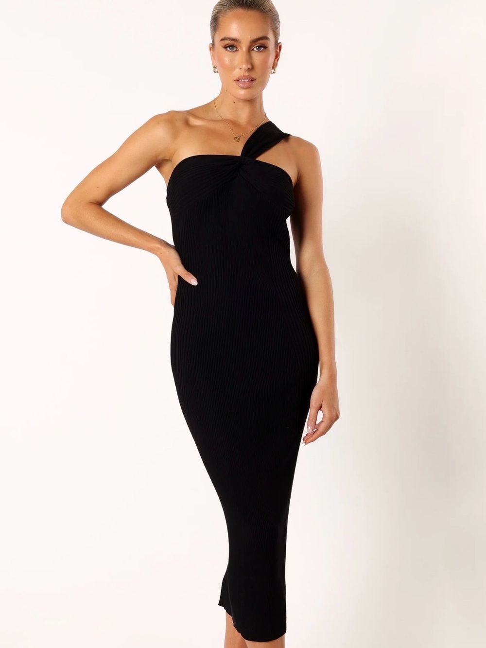 Petal & Pup Black Halle One-Shoulder Twist Midi Dress